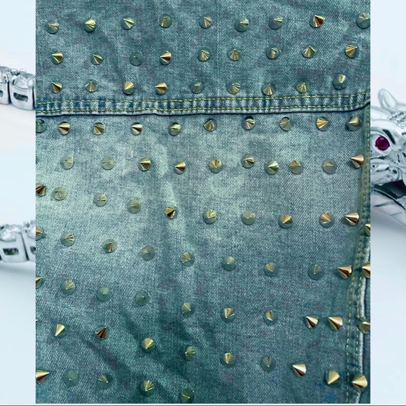 Studded Spike Distressed Frayed Denim Jean Moto Jacket - Picture 6 of 9